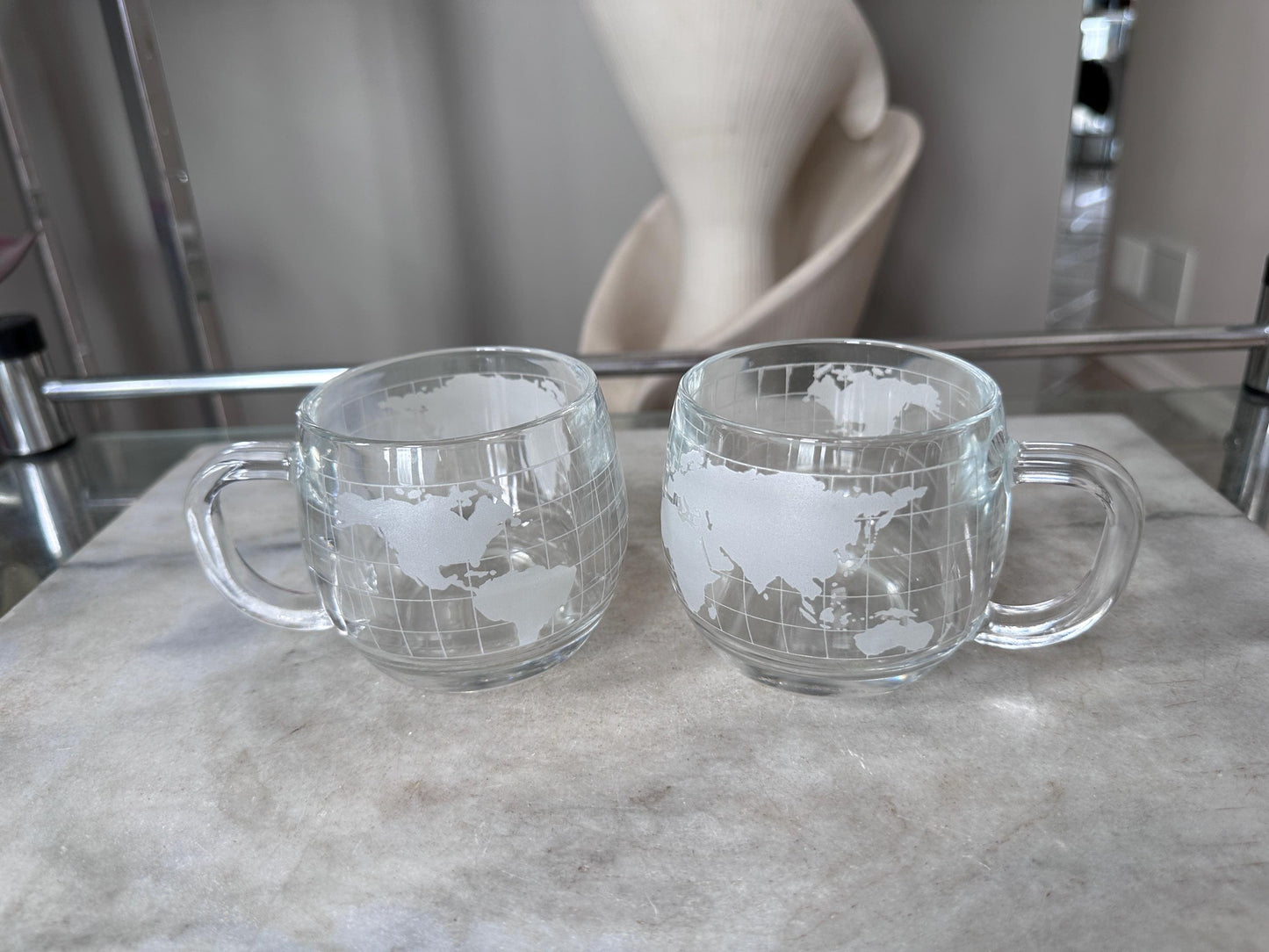 Vintage 1970s Nestle Nescafe World Globe Coffee Mugs Set of 2, Frosted Glass Map Cups, Retro Kitchen Drinkware