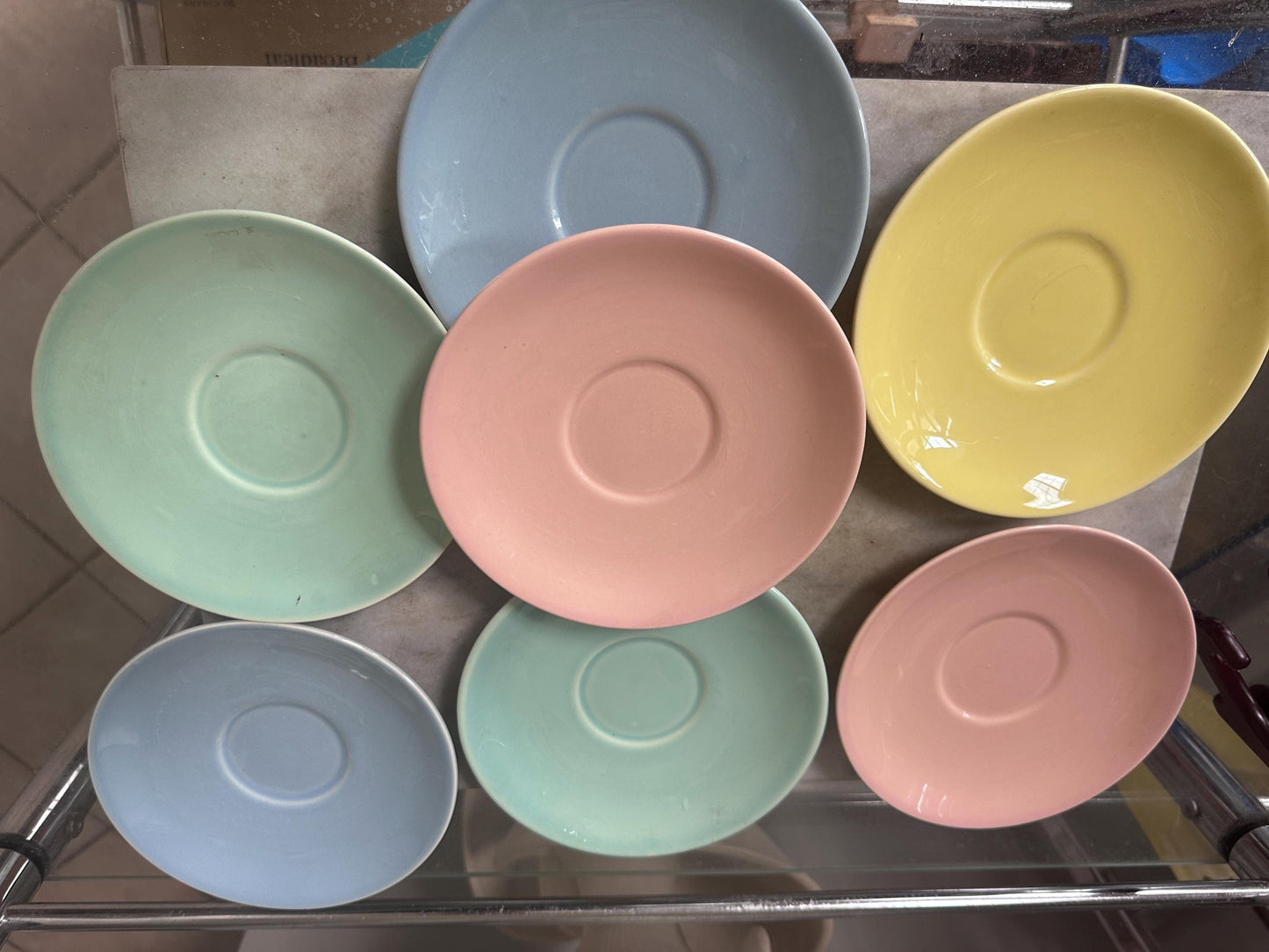 Vintage Lu-Ray Pastels Saucer Plates Set of 7 Taylor Smith & Taylor 1048-1 MCM 1950s Pink Blue Green Yellow