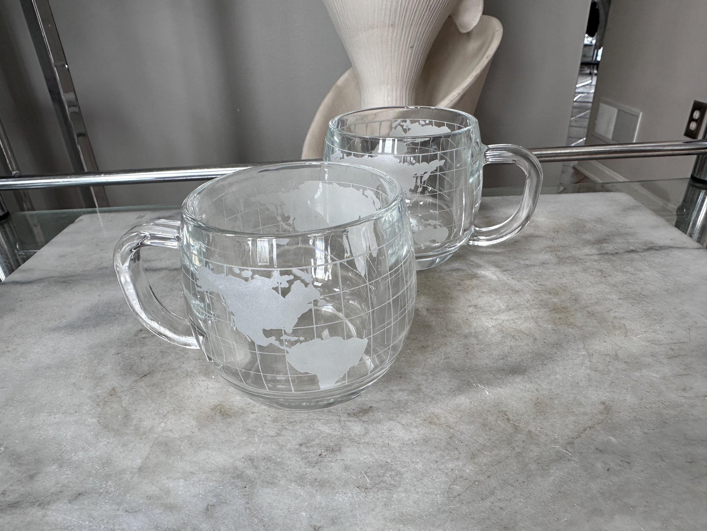 Vintage 1970s Nestle Nescafe World Globe Coffee Mugs Set of 2, Frosted Glass Map Cups, Retro Kitchen Drinkware