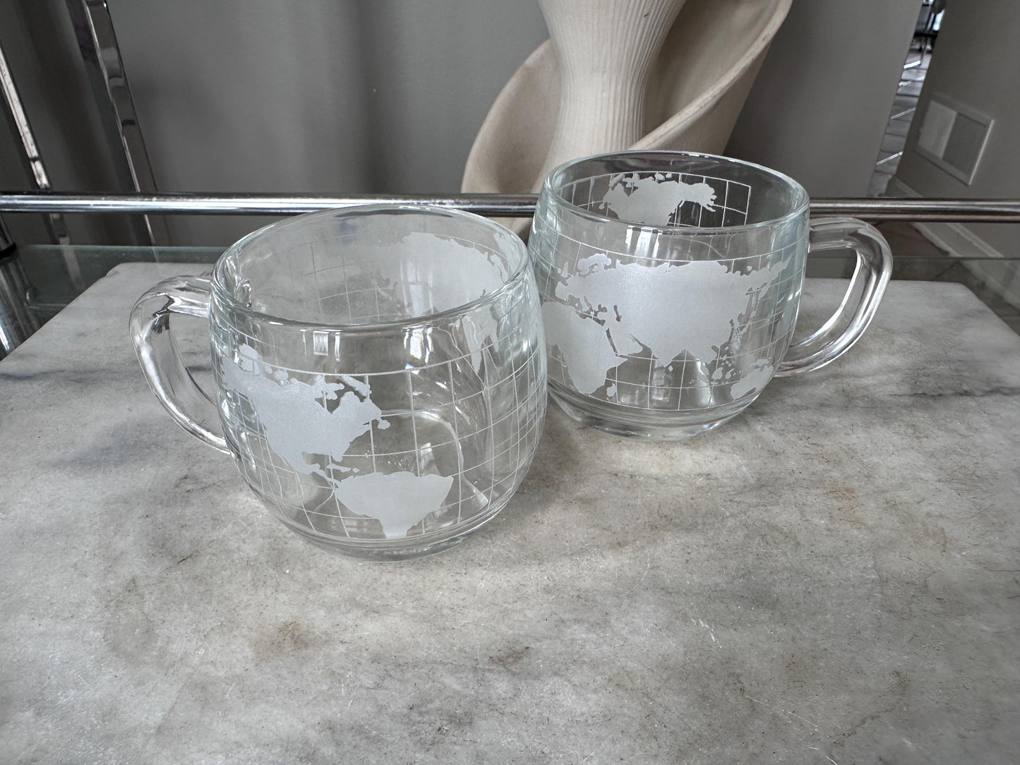 Vintage 1970s Nestle Nescafe World Globe Coffee Mugs Set of 2, Frosted Glass Map Cups, Retro Kitchen Drinkware