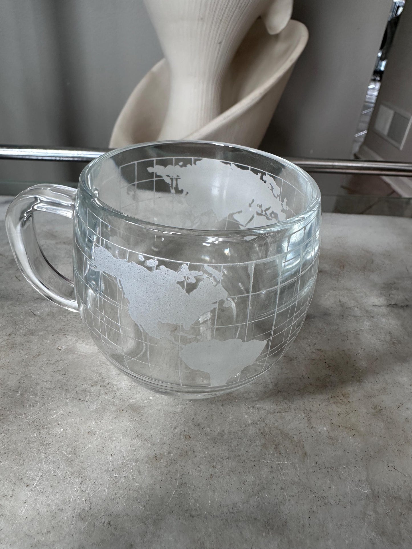 Vintage 1970s Nestle Nescafe World Globe Coffee Mugs Set of 2, Frosted Glass Map Cups, Retro Kitchen Drinkware