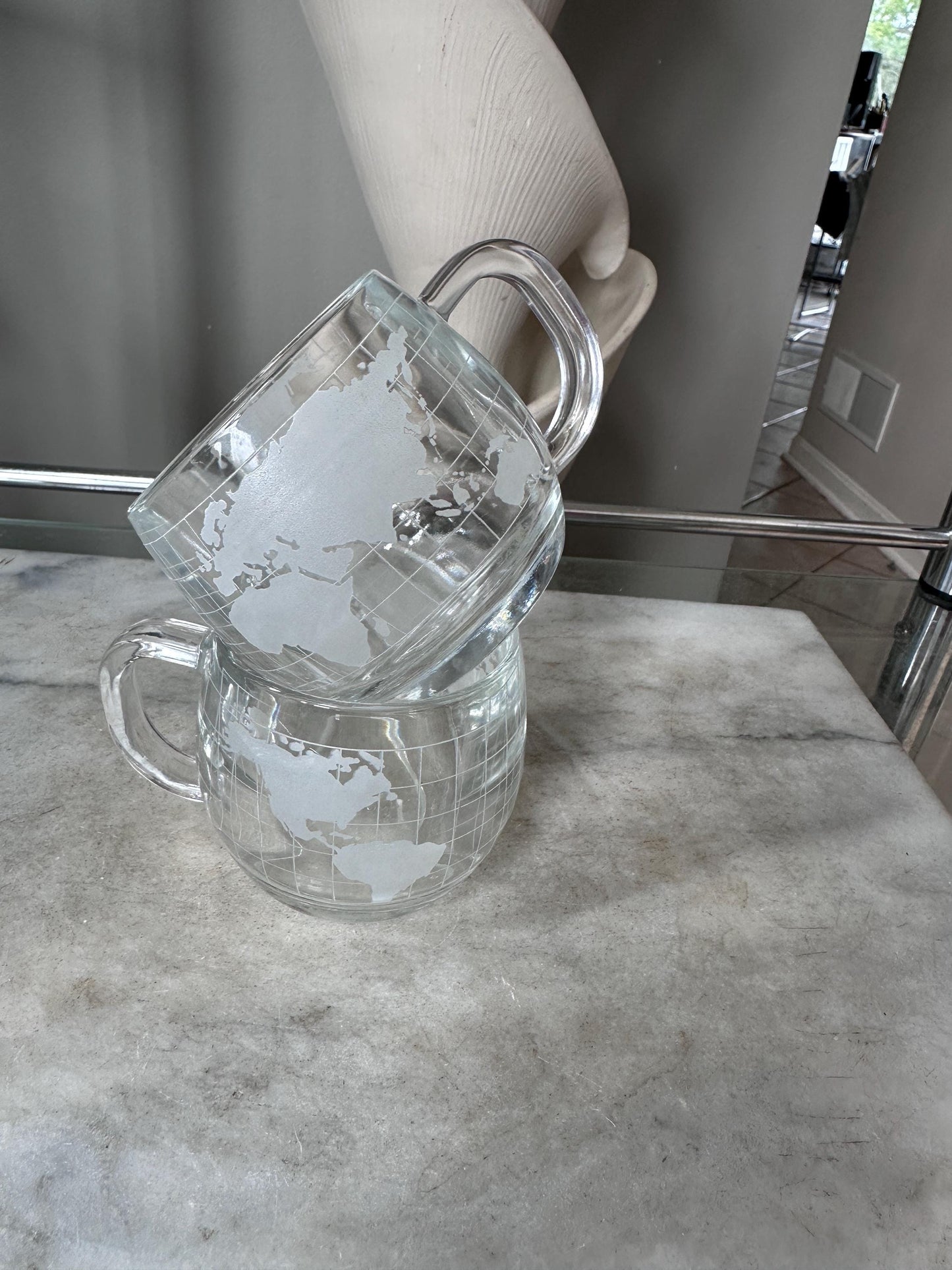 Vintage 1970s Nestle Nescafe World Globe Coffee Mugs Set of 2, Frosted Glass Map Cups, Retro Kitchen Drinkware