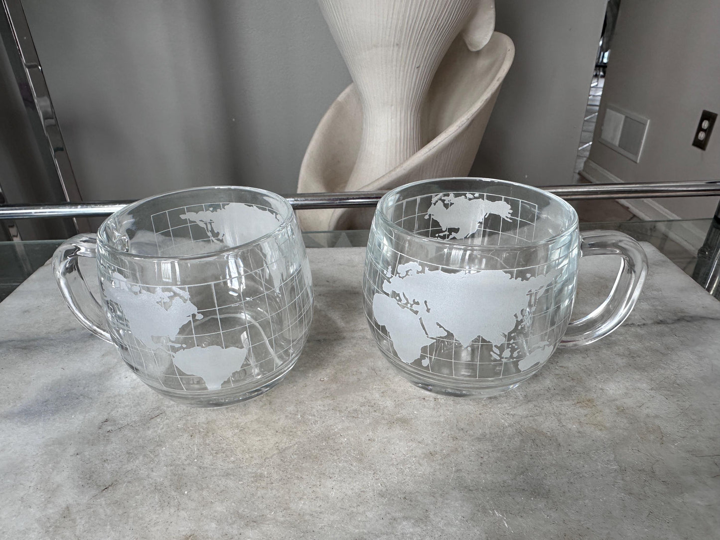 Vintage 1970s Nestle Nescafe World Globe Coffee Mugs Set of 2, Frosted Glass Map Cups, Retro Kitchen Drinkware