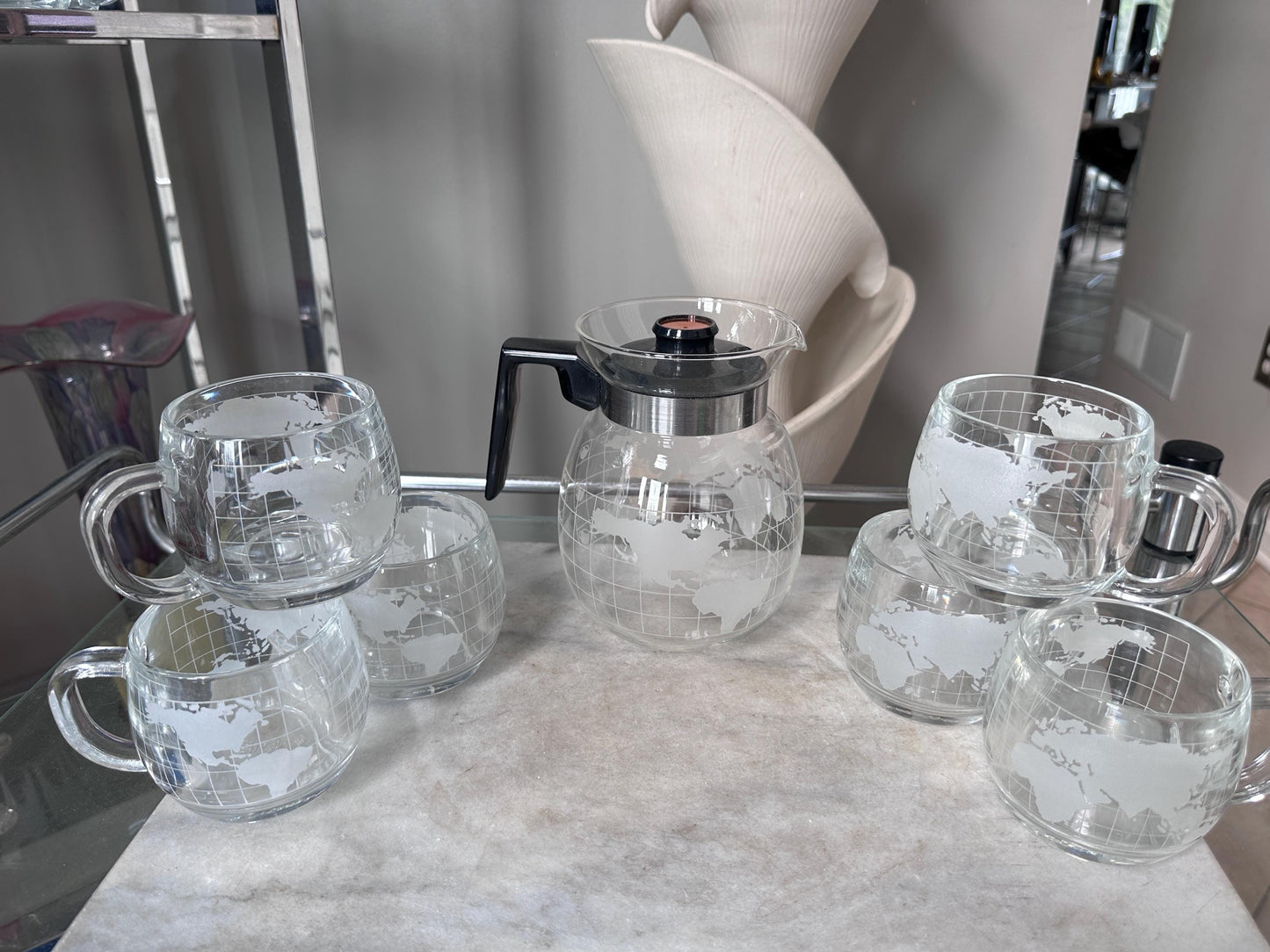 Vintage 1970s Nestle Nescafe Frosted World Globe Coffee Pot Set, 6 Mugs & Coffee Pot, Retro Glassware, 7 Piece Coffee Set