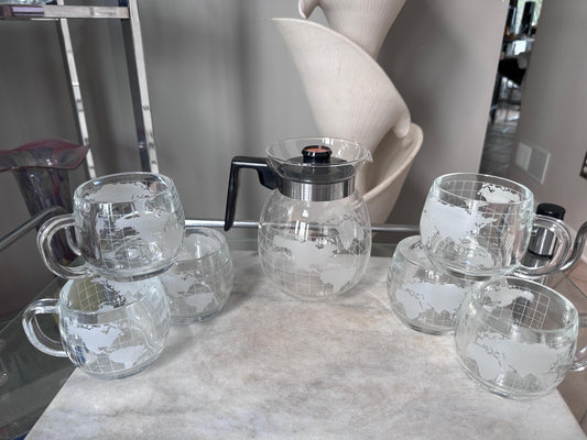Vintage 1970s Nestle Nescafe Frosted World Globe Coffee Pot Set, 6 Mugs & Coffee Pot, Retro Glassware, 7 Piece Coffee Set