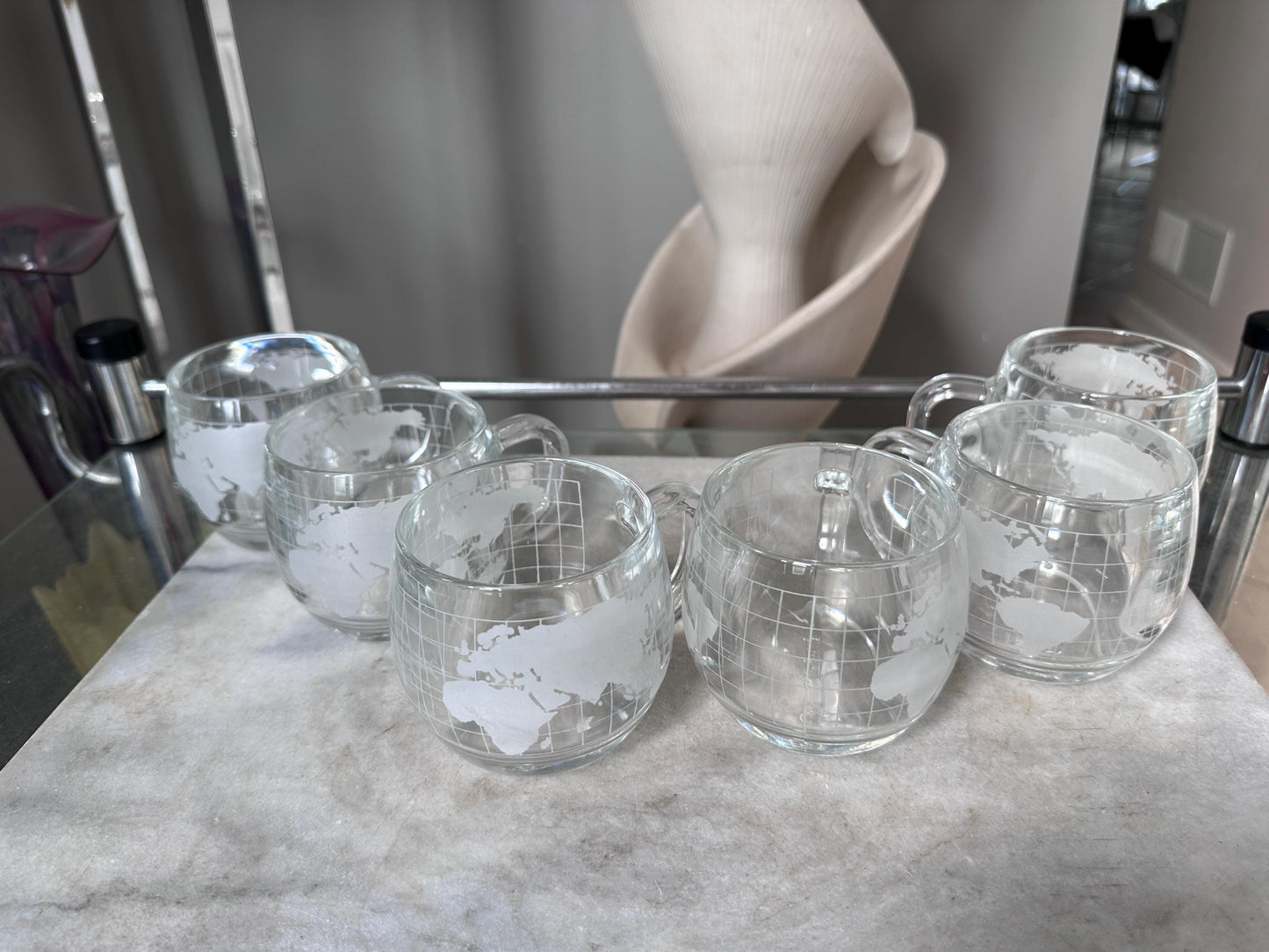 Vintage 1970s Nestle Nescafe Frosted World Globe Coffee Pot Set, 6 Mugs & Coffee Pot, Retro Glassware, 7 Piece Coffee Set