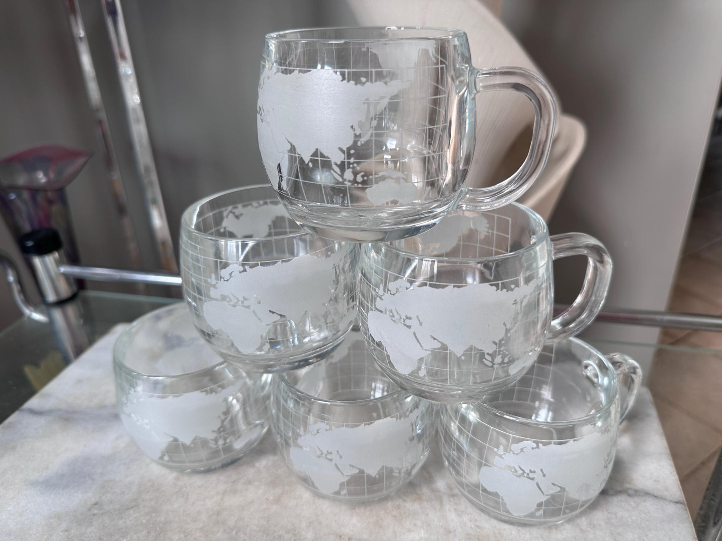 Vintage 1970s Nestle Nescafe Frosted World Globe Coffee Pot Set, 6 Mugs & Coffee Pot, Retro Glassware, 7 Piece Coffee Set