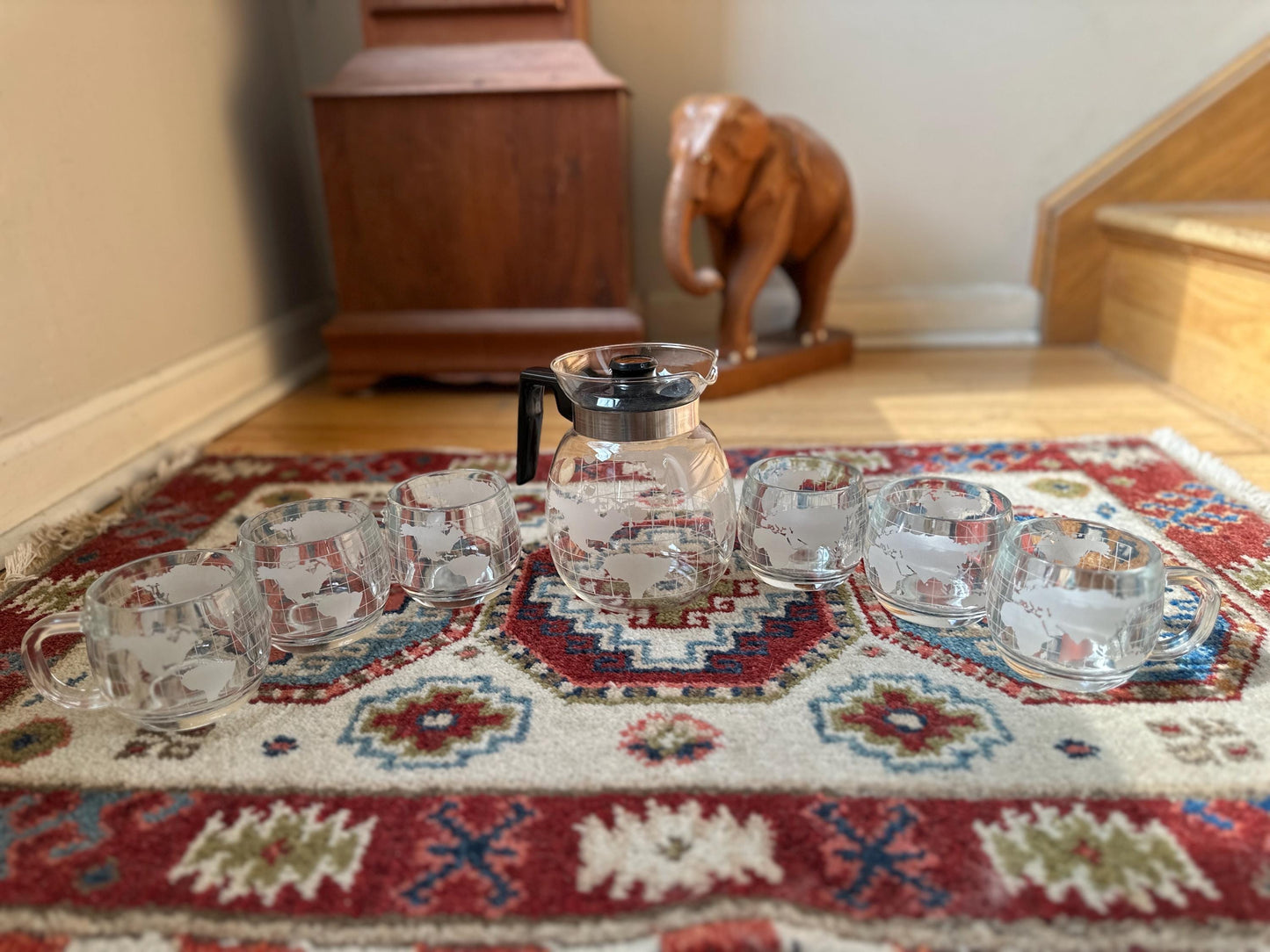 Vintage 1970s Nestle Nescafe Frosted World Globe Coffee Pot Set, 6 Mugs & Coffee Pot, Retro Glassware, 7 Piece Coffee Set