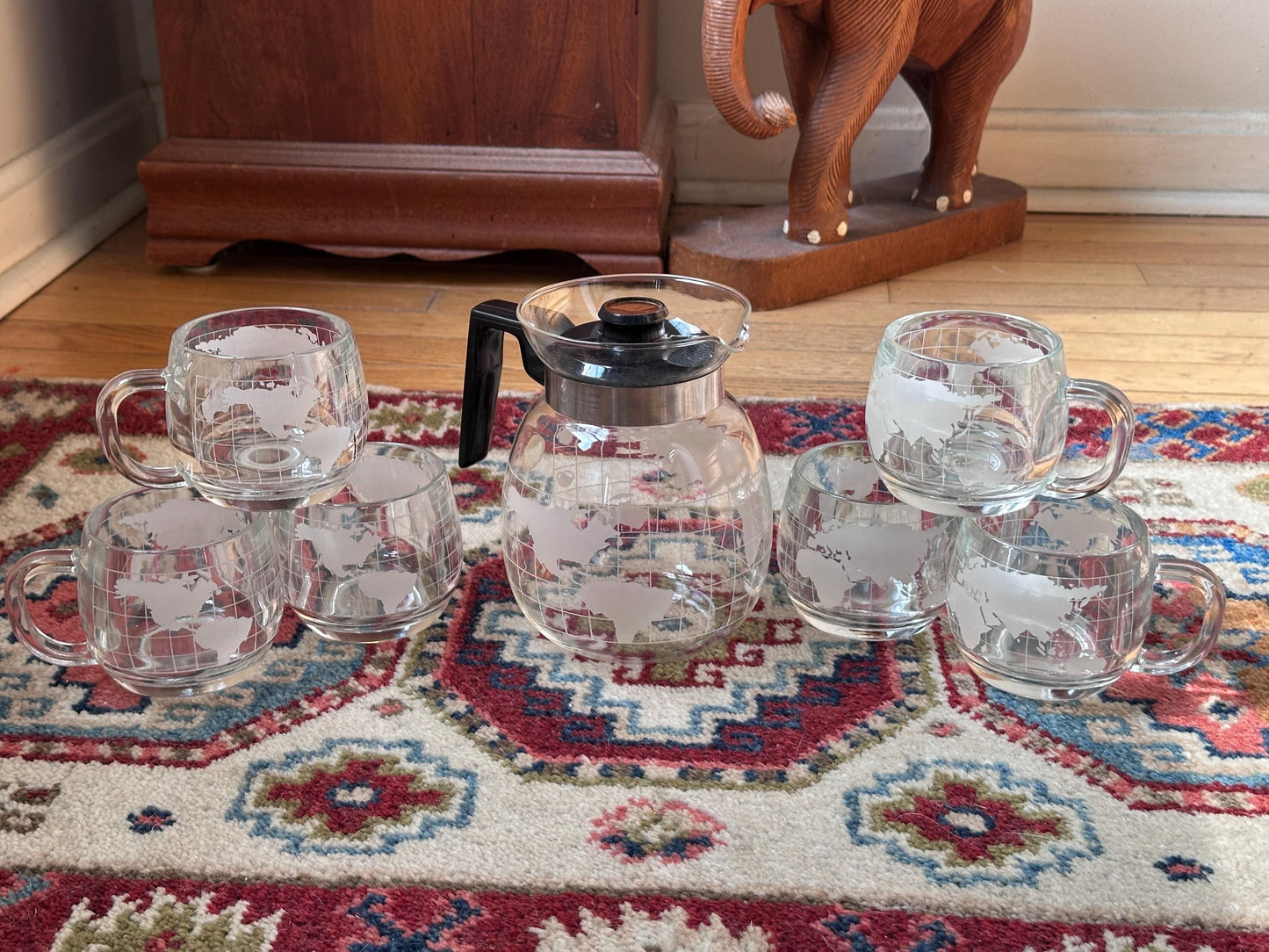 Vintage 1970s Nestle Nescafe Frosted World Globe Coffee Pot Set, 6 Mugs & Coffee Pot, Retro Glassware, 7 Piece Coffee Set