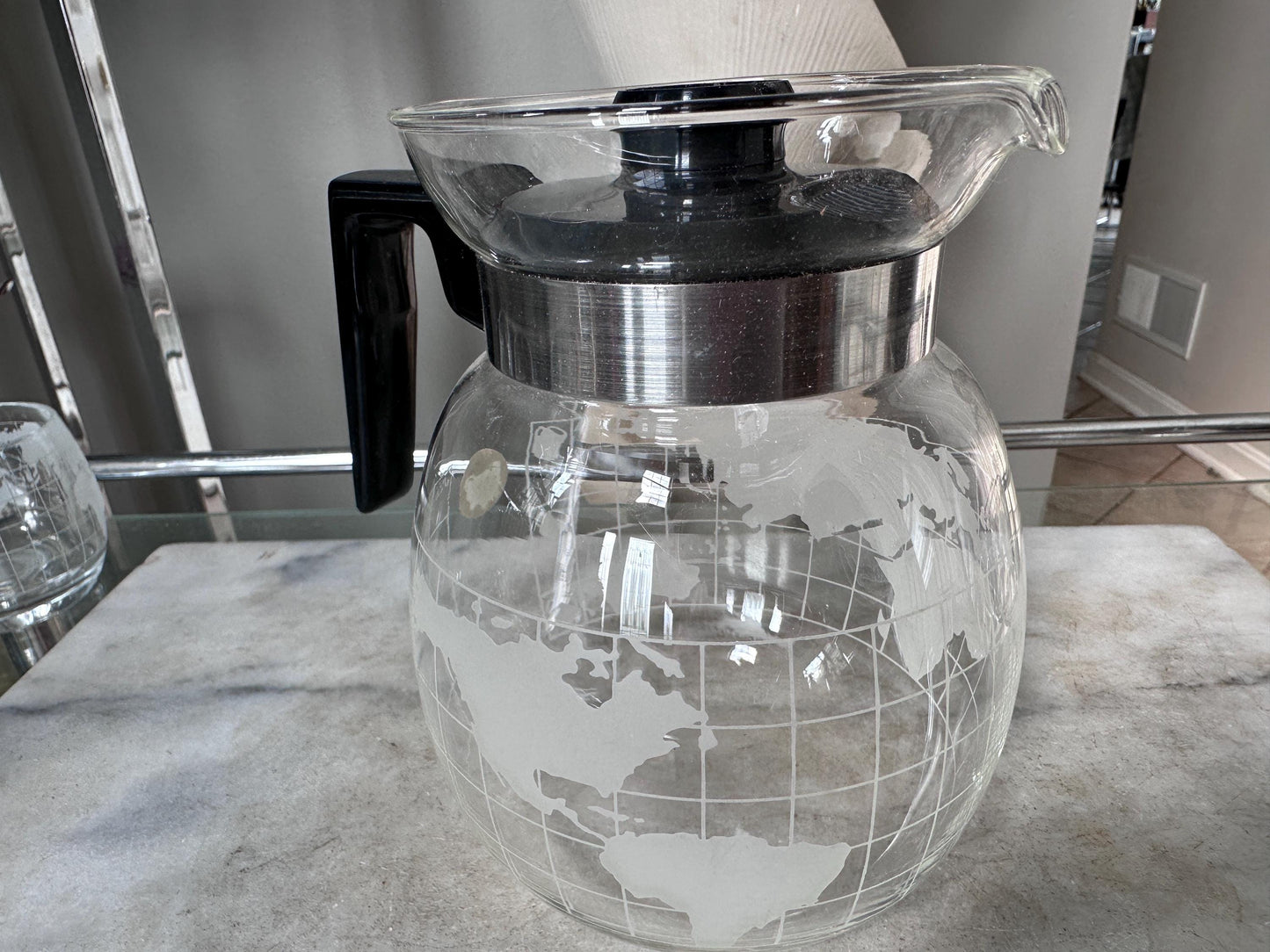 Vintage 1970s Nestle Nescafe Frosted World Globe Coffee Pot Set, 6 Mugs & Coffee Pot, Retro Glassware, 7 Piece Coffee Set