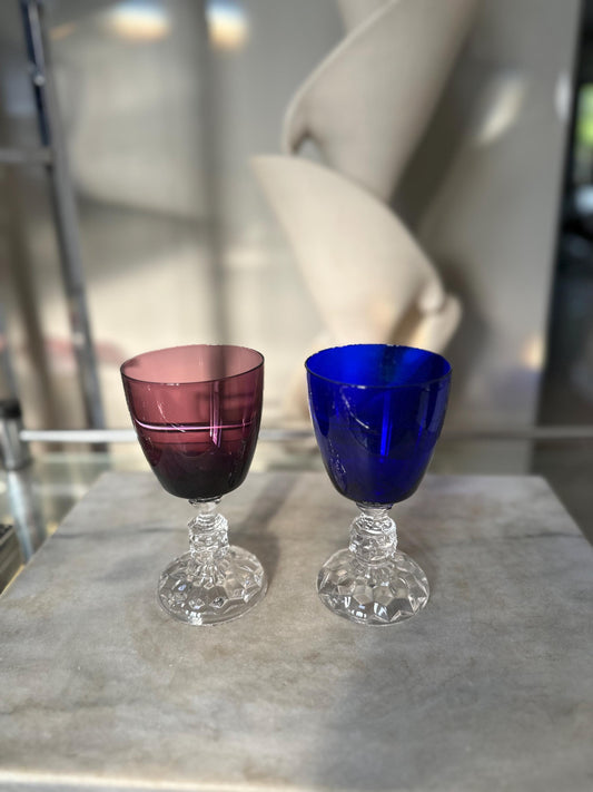 Set of 2 Fostoria American Lady Wine Glasses 6” Vintage Amethyst Burgundy & Cobalt Blue Stemware Mid Century Barware