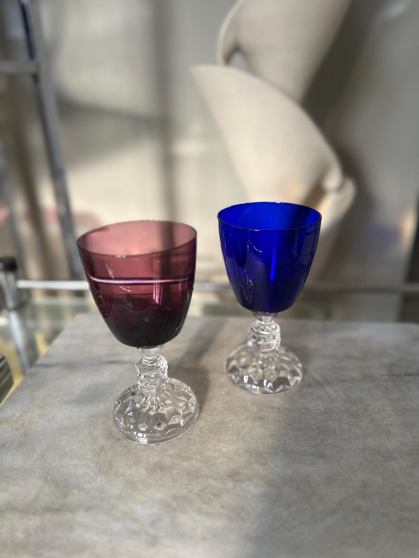 Set of 2 Fostoria American Lady Wine Glasses 6” Vintage Amethyst Burgundy & Cobalt Blue Stemware Mid Century Barware