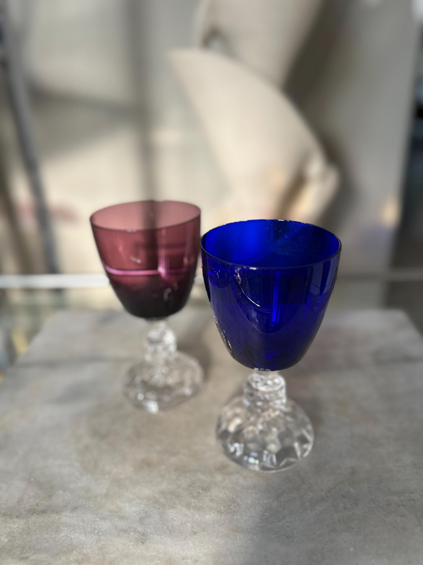 Set of 2 Fostoria American Lady Wine Glasses 6” Vintage Amethyst Burgundy & Cobalt Blue Stemware Mid Century Barware
