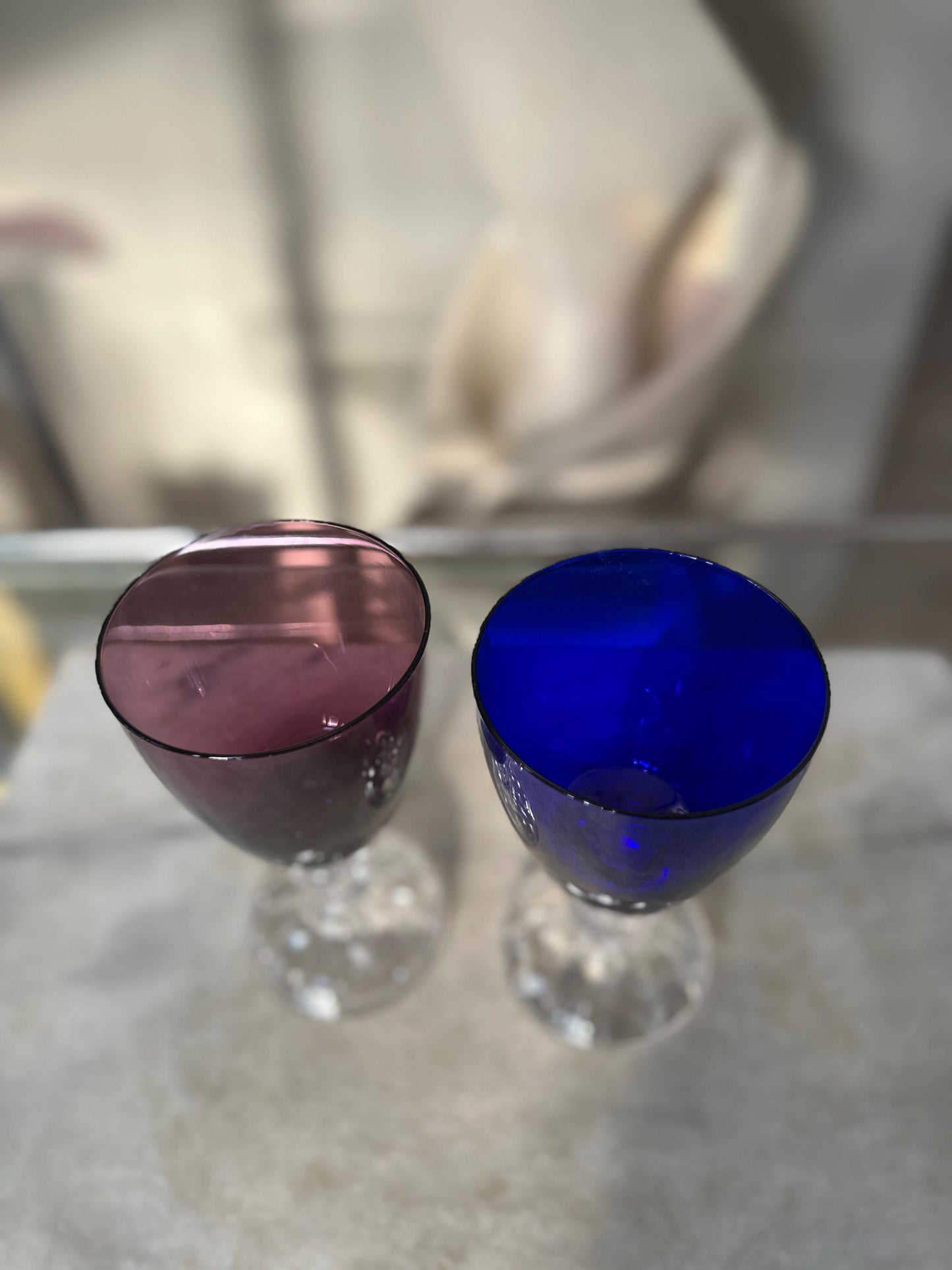 Set of 2 Fostoria American Lady Wine Glasses 6” Vintage Amethyst Burgundy & Cobalt Blue Stemware Mid Century Barware
