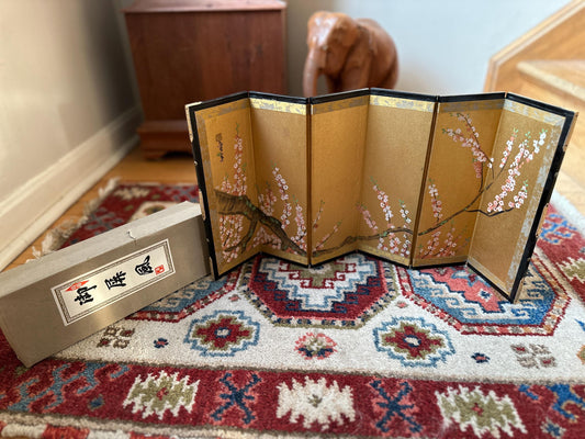 Vintage Japanese Miniature Byobu Folding Screen Gold Leaf Landscape Art Nizan Style w/Original Box