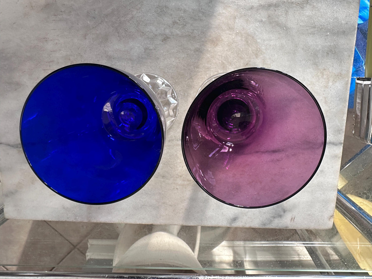 Set of 2 Fostoria American Lady Wine Glasses 6” Vintage Amethyst Burgundy & Cobalt Blue Stemware Mid Century Barware