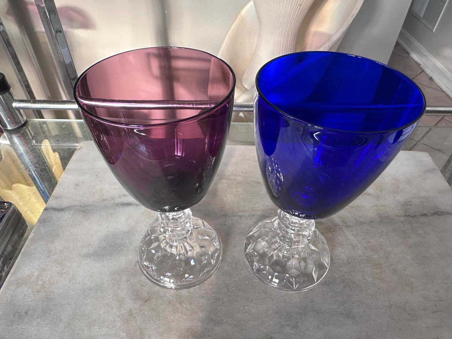 Set of 2 Fostoria American Lady Wine Glasses 6” Vintage Amethyst Burgundy & Cobalt Blue Stemware Mid Century Barware