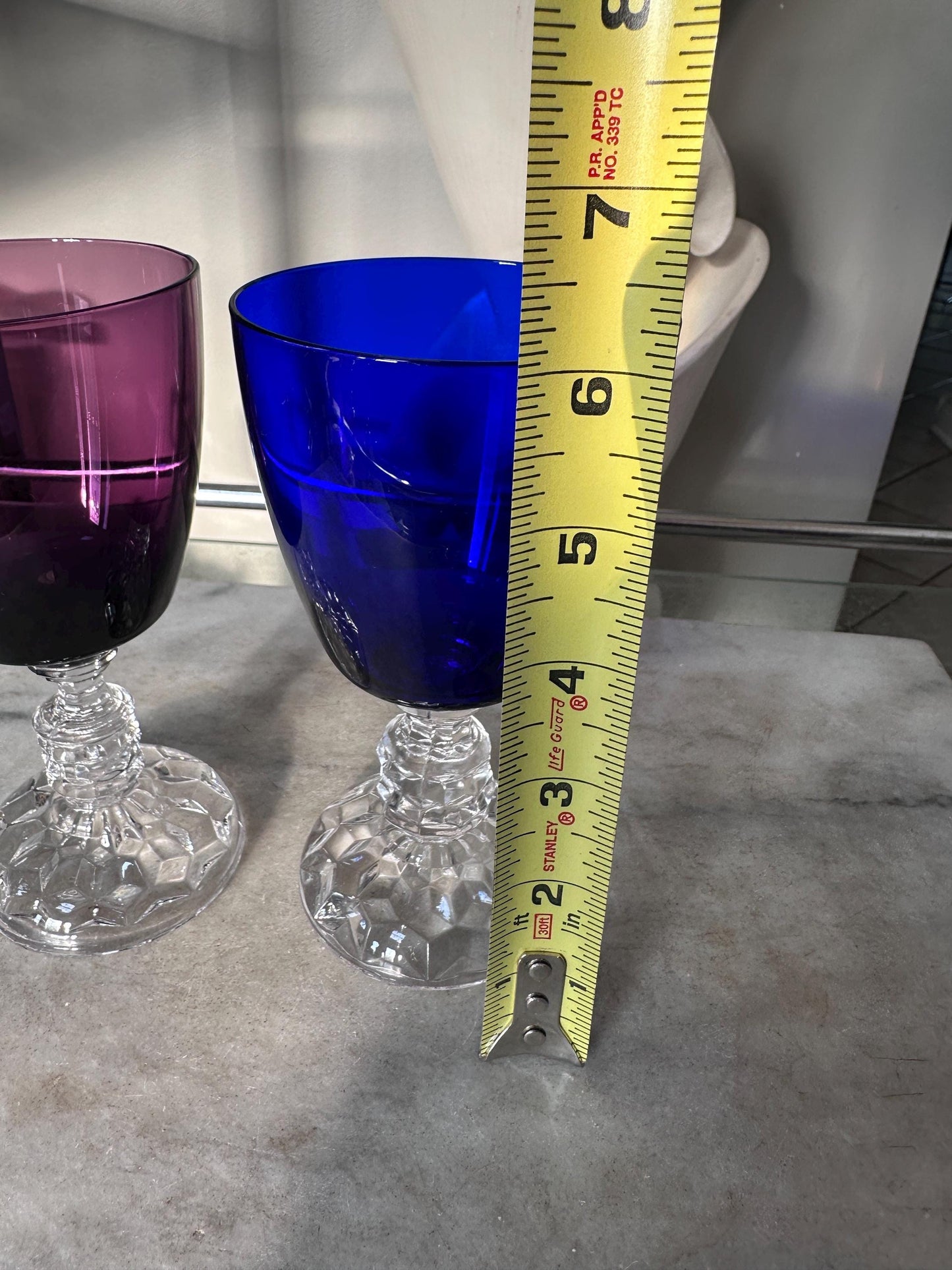 Set of 2 Fostoria American Lady Wine Glasses 6” Vintage Amethyst Burgundy & Cobalt Blue Stemware Mid Century Barware