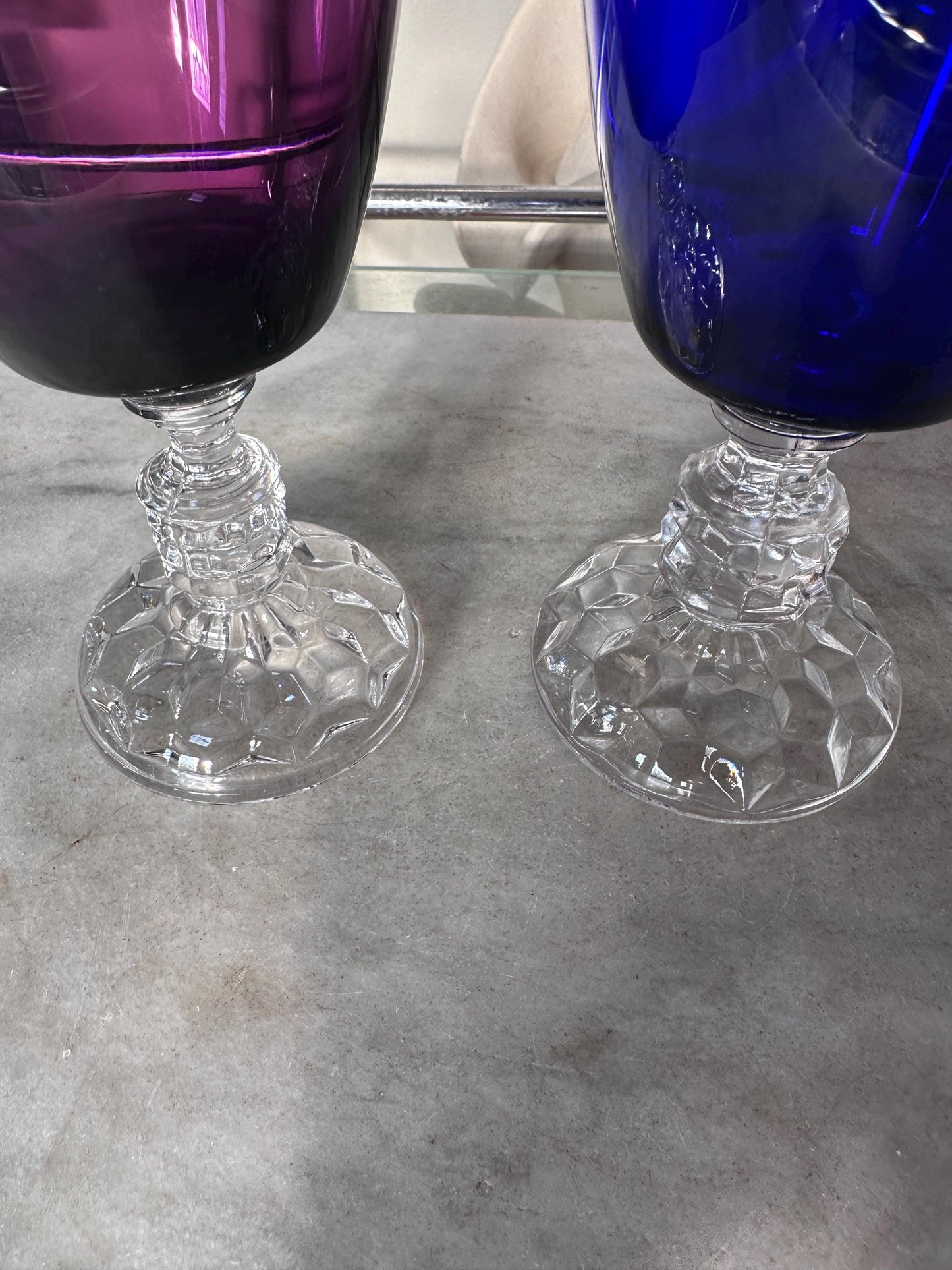 Set of 2 Fostoria American Lady Wine Glasses 6” Vintage Amethyst Burgundy & Cobalt Blue Stemware Mid Century Barware