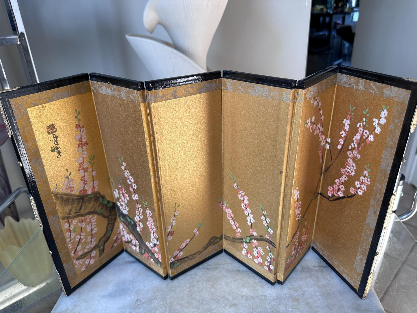 Vintage Japanese Miniature Byobu Folding Screen Gold Leaf Landscape Art Nizan Style w/Original Box