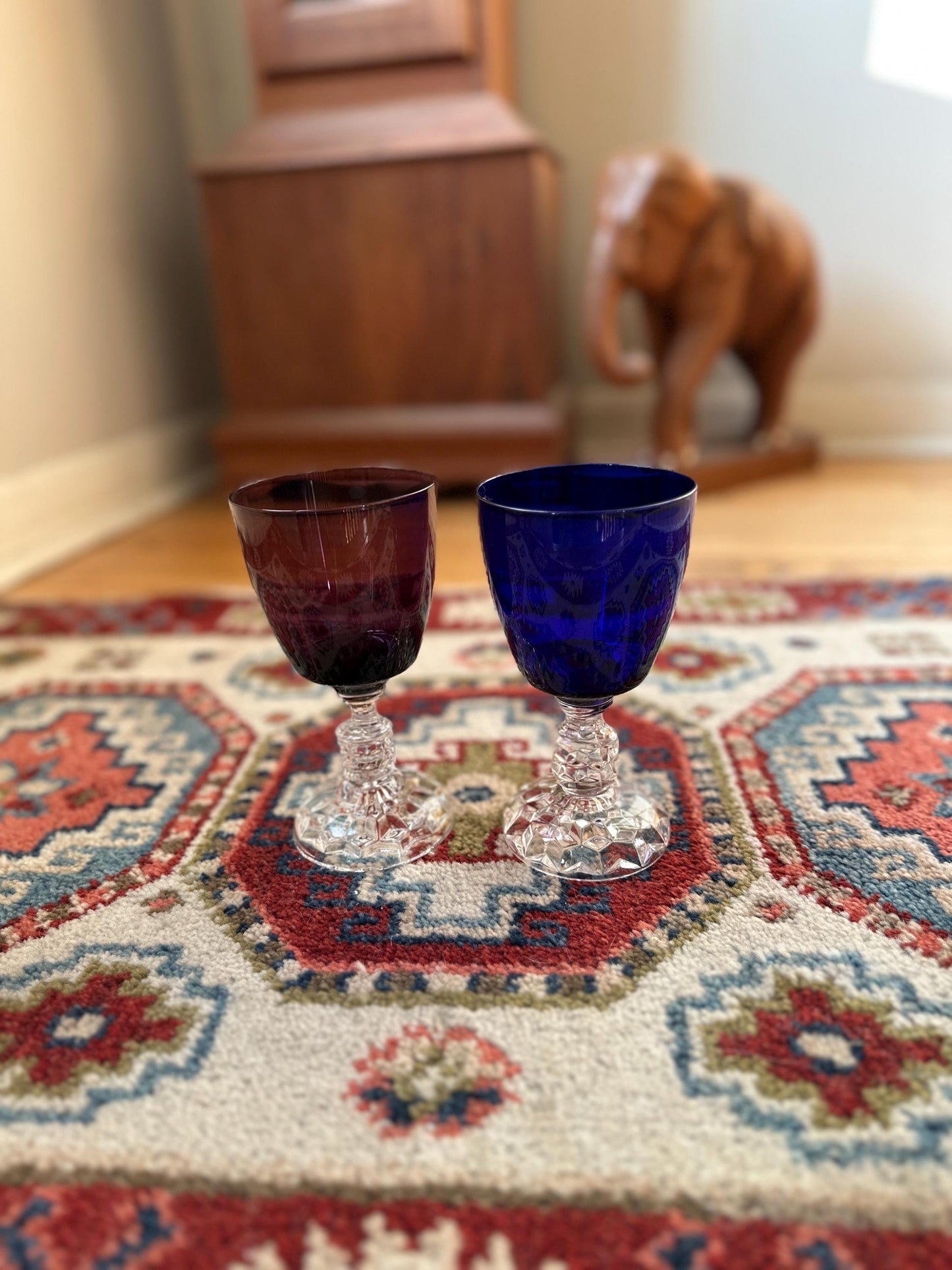 Set of 2 Fostoria American Lady Wine Glasses 6” Vintage Amethyst Burgundy & Cobalt Blue Stemware Mid Century Barware