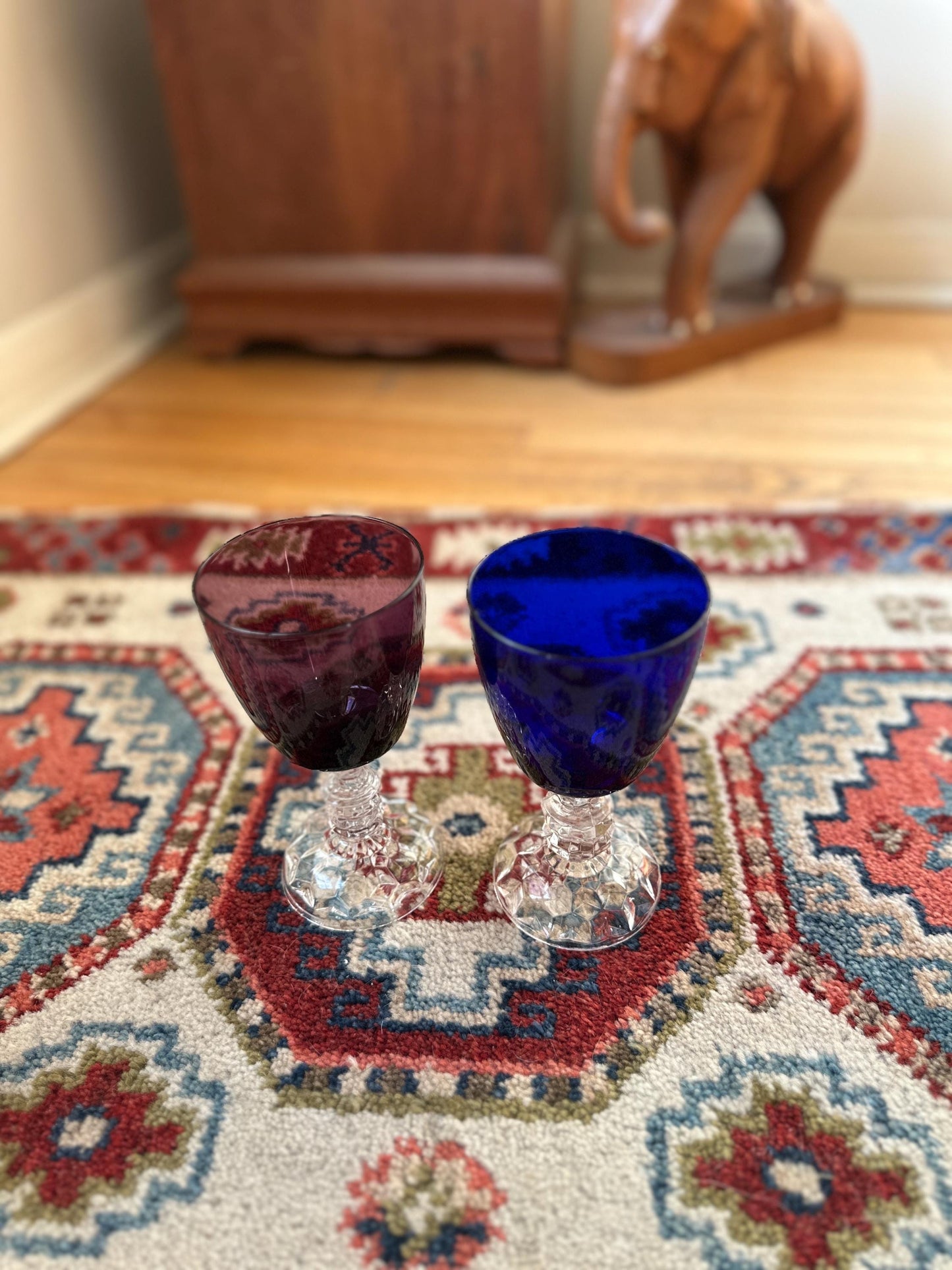 Set of 2 Fostoria American Lady Wine Glasses 6” Vintage Amethyst Burgundy & Cobalt Blue Stemware Mid Century Barware
