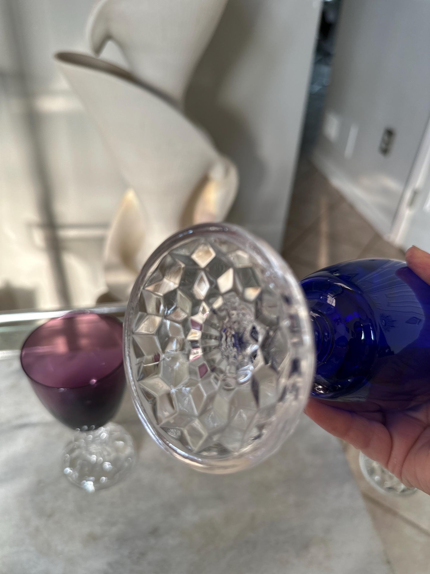 Set of 2 Fostoria American Lady Wine Glasses 6” Vintage Amethyst Burgundy & Cobalt Blue Stemware Mid Century Barware