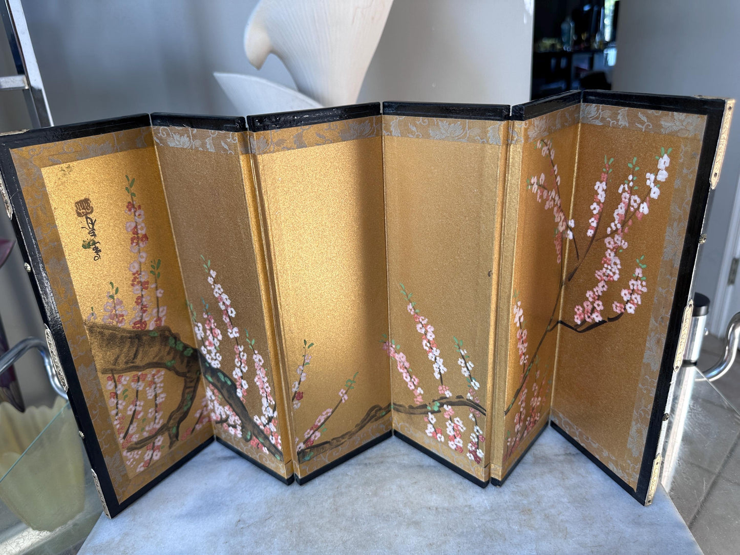 Vintage Japanese Miniature Byobu Folding Screen Gold Leaf Landscape Art Nizan Style w/Original Box