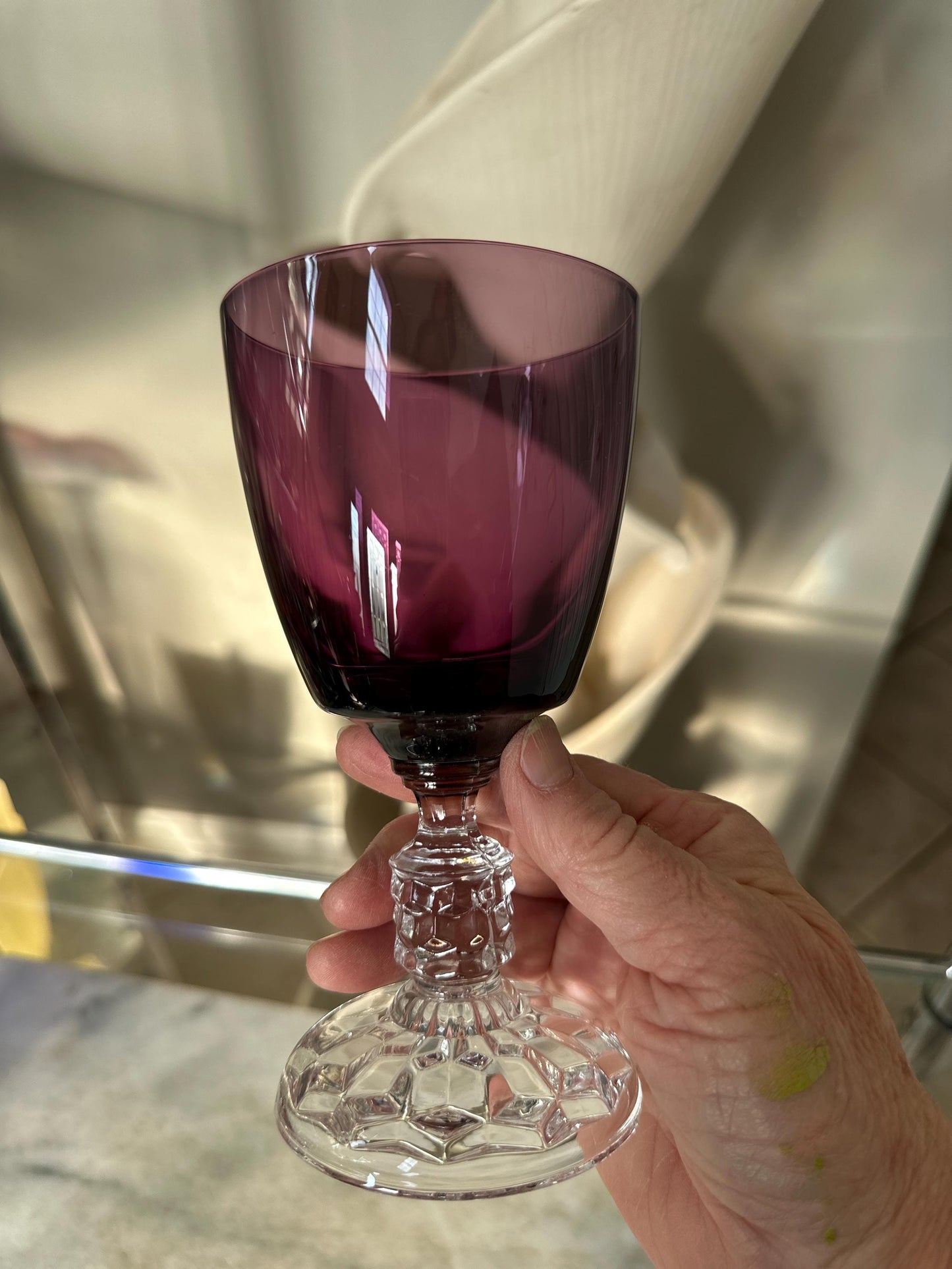 Set of 2 Fostoria American Lady Wine Glasses 6” Vintage Amethyst Burgundy & Cobalt Blue Stemware Mid Century Barware