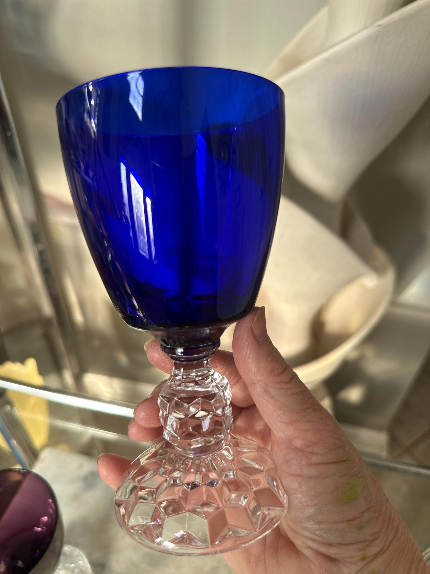 Set of 2 Fostoria American Lady Wine Glasses 6” Vintage Amethyst Burgundy & Cobalt Blue Stemware Mid Century Barware