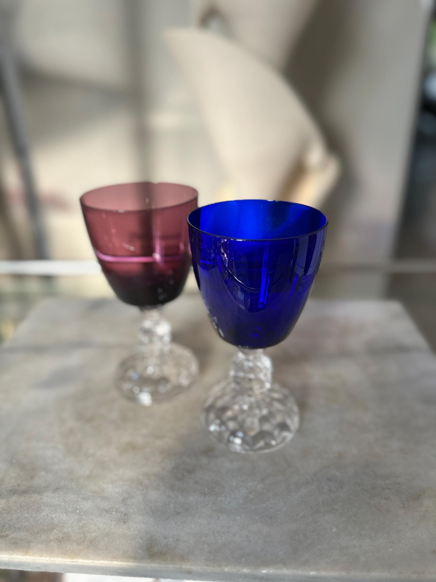 Set of 2 Fostoria American Lady Wine Glasses 6” Vintage Amethyst Burgundy & Cobalt Blue Stemware Mid Century Barware