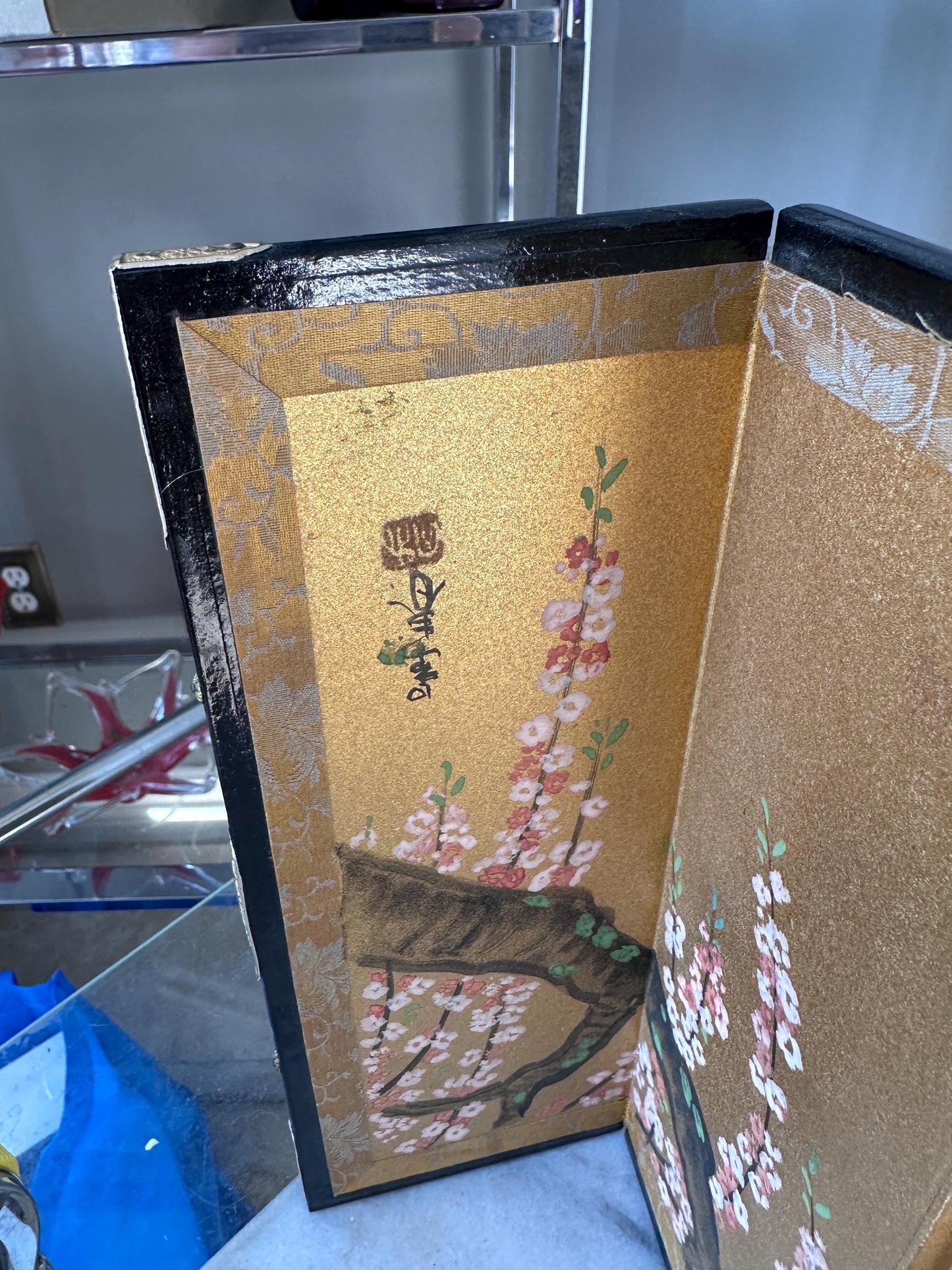 Vintage Japanese Miniature Byobu Folding Screen Gold Leaf Landscape Art Nizan Style w/Original Box