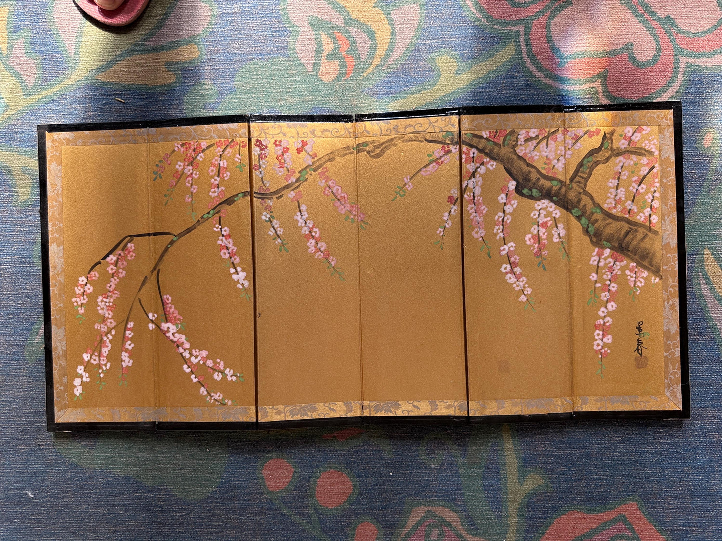 Vintage Japanese Miniature Byobu Folding Screen Gold Leaf Landscape Art Nizan Style w/Original Box