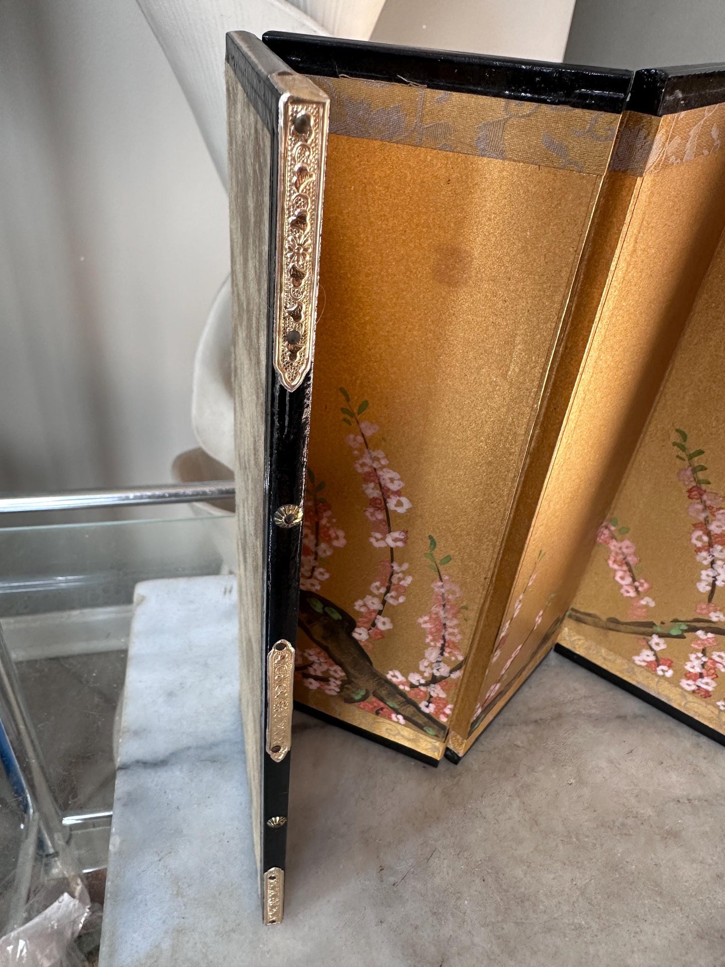 Vintage Japanese Miniature Byobu Folding Screen Gold Leaf Landscape Art Nizan Style w/Original Box