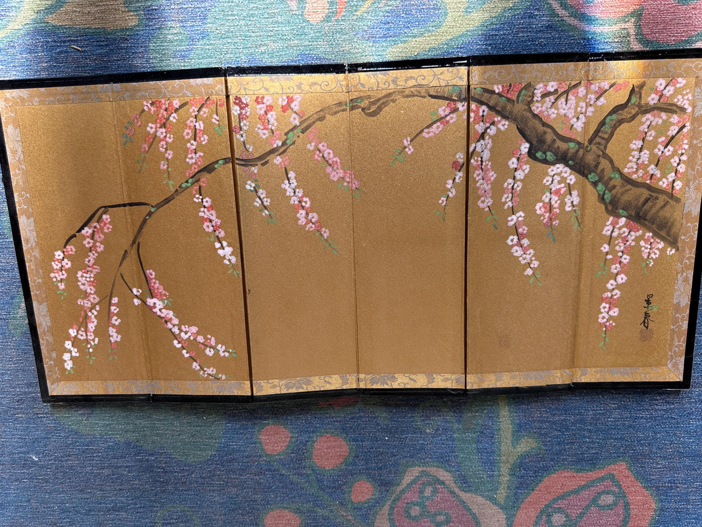 Vintage Japanese Miniature Byobu Folding Screen Gold Leaf Landscape Art Nizan Style w/Original Box