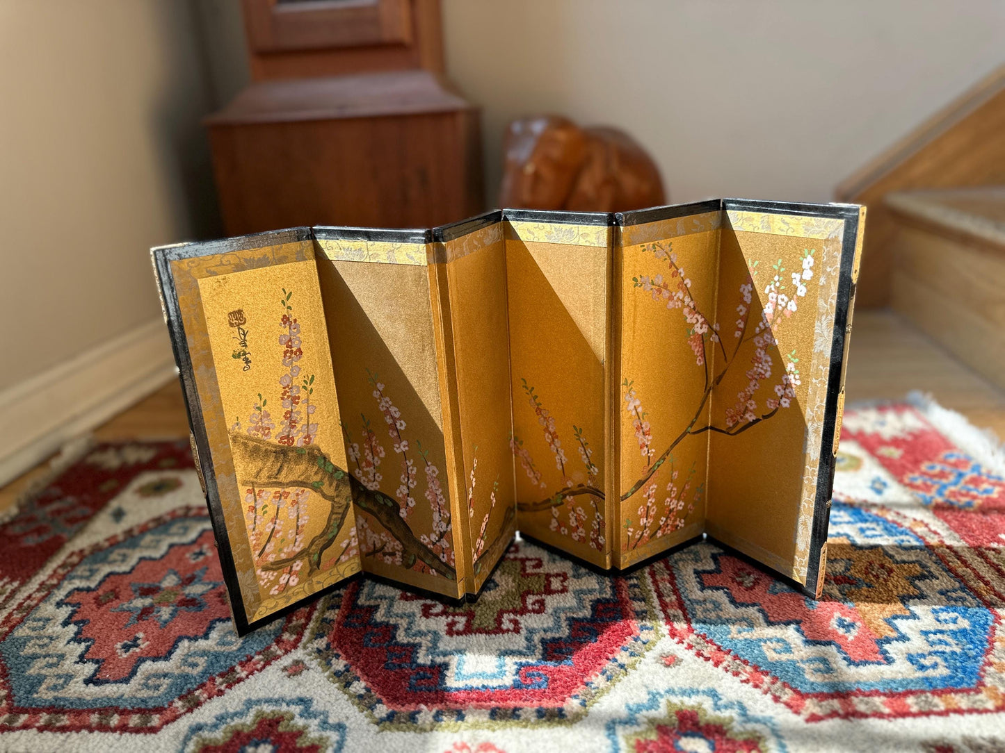 Vintage Japanese Miniature Byobu Folding Screen Gold Leaf Landscape Art Nizan Style w/Original Box