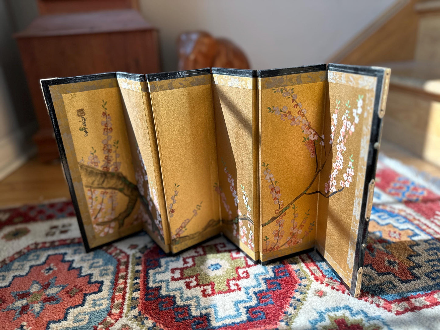 Vintage Japanese Miniature Byobu Folding Screen Gold Leaf Landscape Art Nizan Style w/Original Box