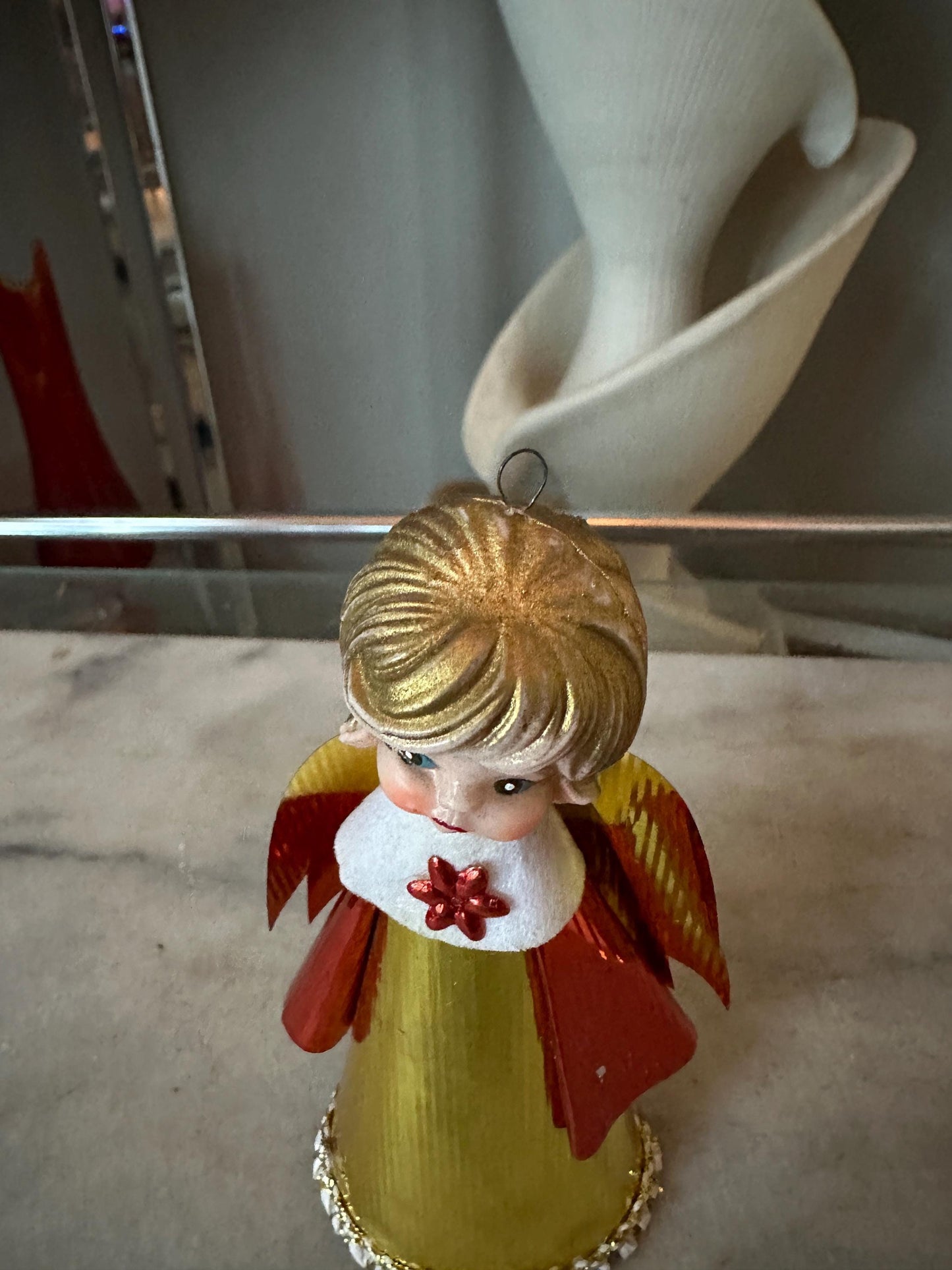Vintage Kitschy Angel Topper Feather Tree Table Top Tree MCM Angel