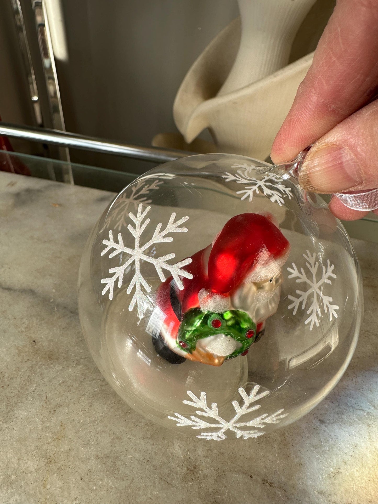Vintage Gorham Winter Follies Clear Round Santa Christmas Tree Ornament
