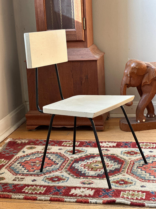 Vintage Mid-Century Modern Child’s Side Chair | White Wooden Seat with Black Wrought Iron Legs | MCM Kids Chair | Nursery Decor | 12” Tall