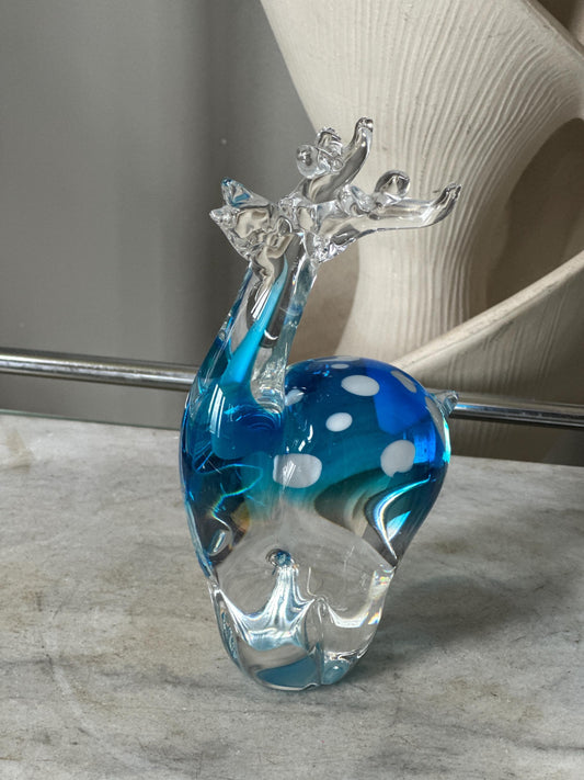 Vintage Art Glass Reindeer Figurine Paperweight | Blue, Clear & White Glass Deer Sculpture | 7.5” MCM Holiday Decor