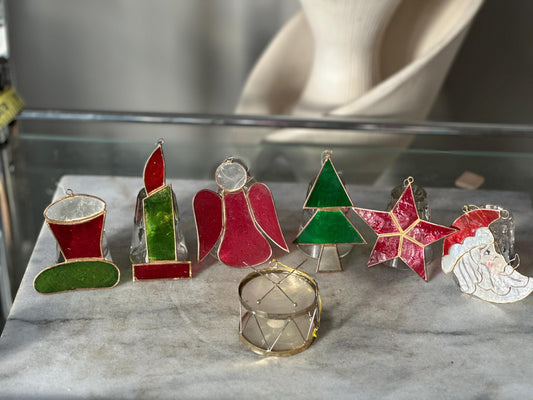 Vintage 1970s Filipino Capiz Shell Christmas Ornaments Set of 7 | Handmade Philippines Holiday Decor Angel Santa Star Tree Candle Boot Drum