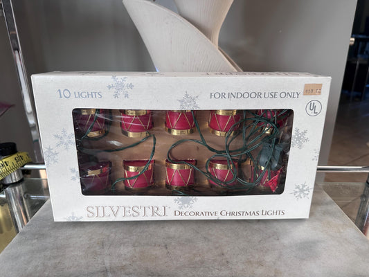 Vintage Silvestri Christmas Lights | 10-Light Red & Gold Drum Lights | Original Box | 150” Indoor Holiday Decor