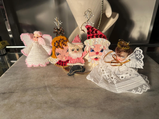 Vintage Handmade Christmas Ornaments Set | Mid-Century Kitschy Holiday Decor | Crochet Lace Angels | Felt & Spun Cotton Santa | Vintage Elf