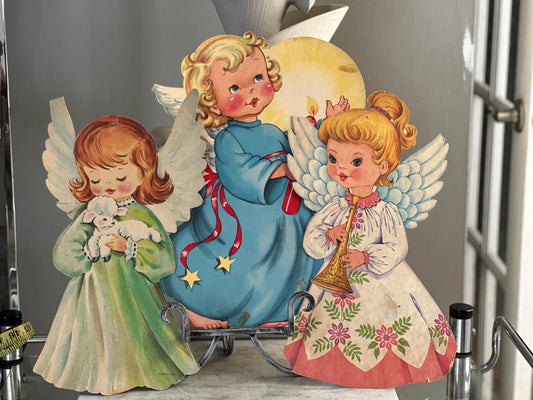 Vintage 1950s Dennison Christmas Decorations Set of 3 | Die-Cut Cardboard Holiday Angels | Lamb & Horn | Mid-Century Christmas Decor
