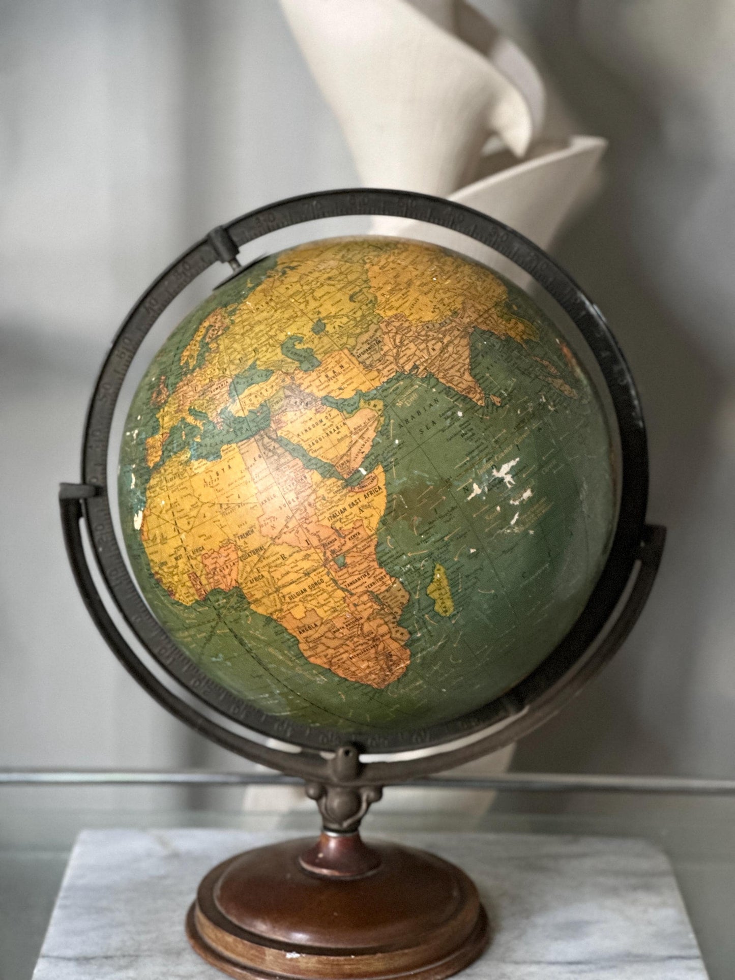 Antique George F. Cram 12-Inch Unrivaled Table Globe | c. 1930s Chicago | Vintage Terrestrial Globe with Wood Base & Cast Iron Frame