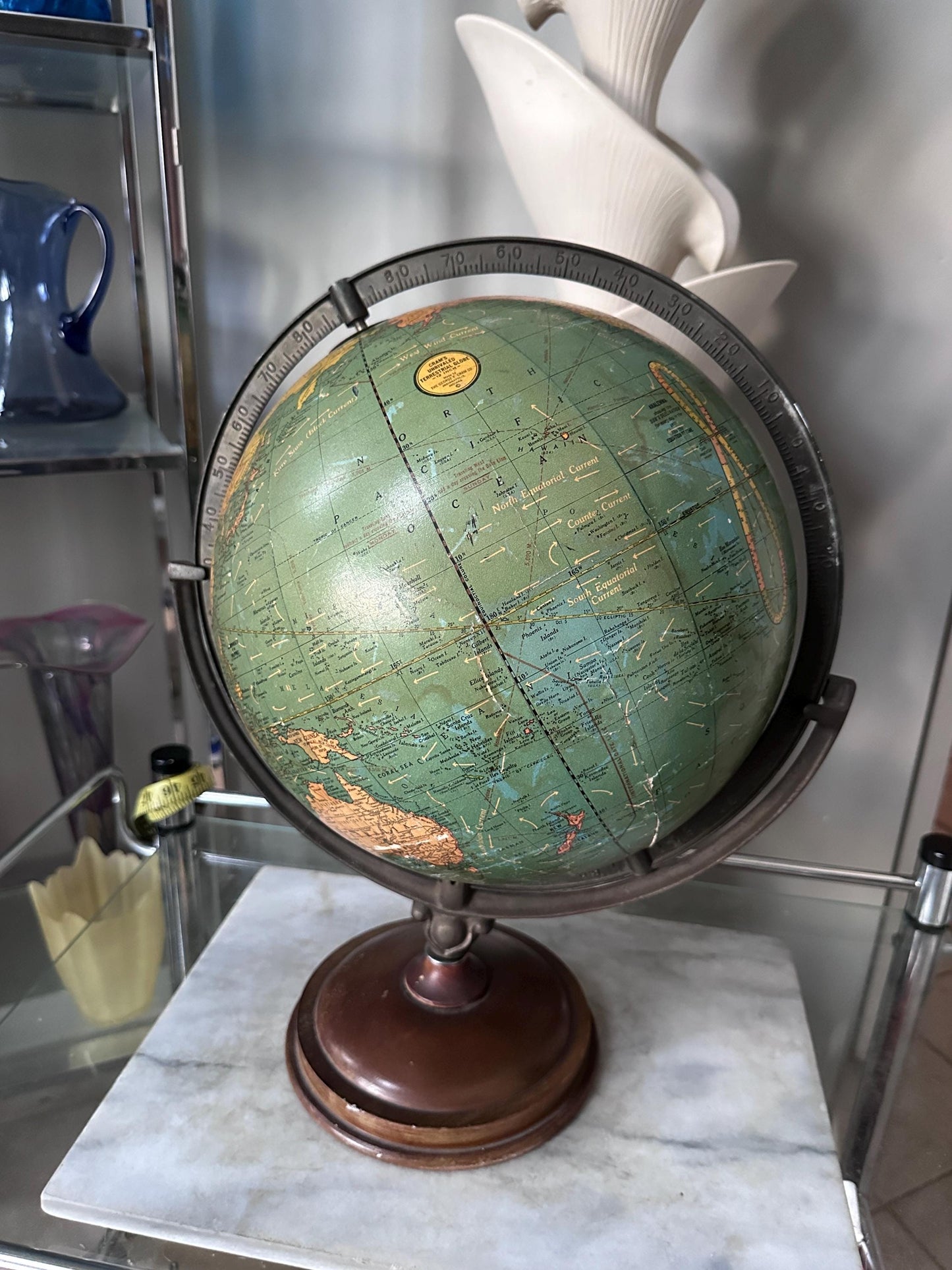 Antique George F. Cram 12-Inch Unrivaled Table Globe | c. 1930s Chicago | Vintage Terrestrial Globe with Wood Base & Cast Iron Frame