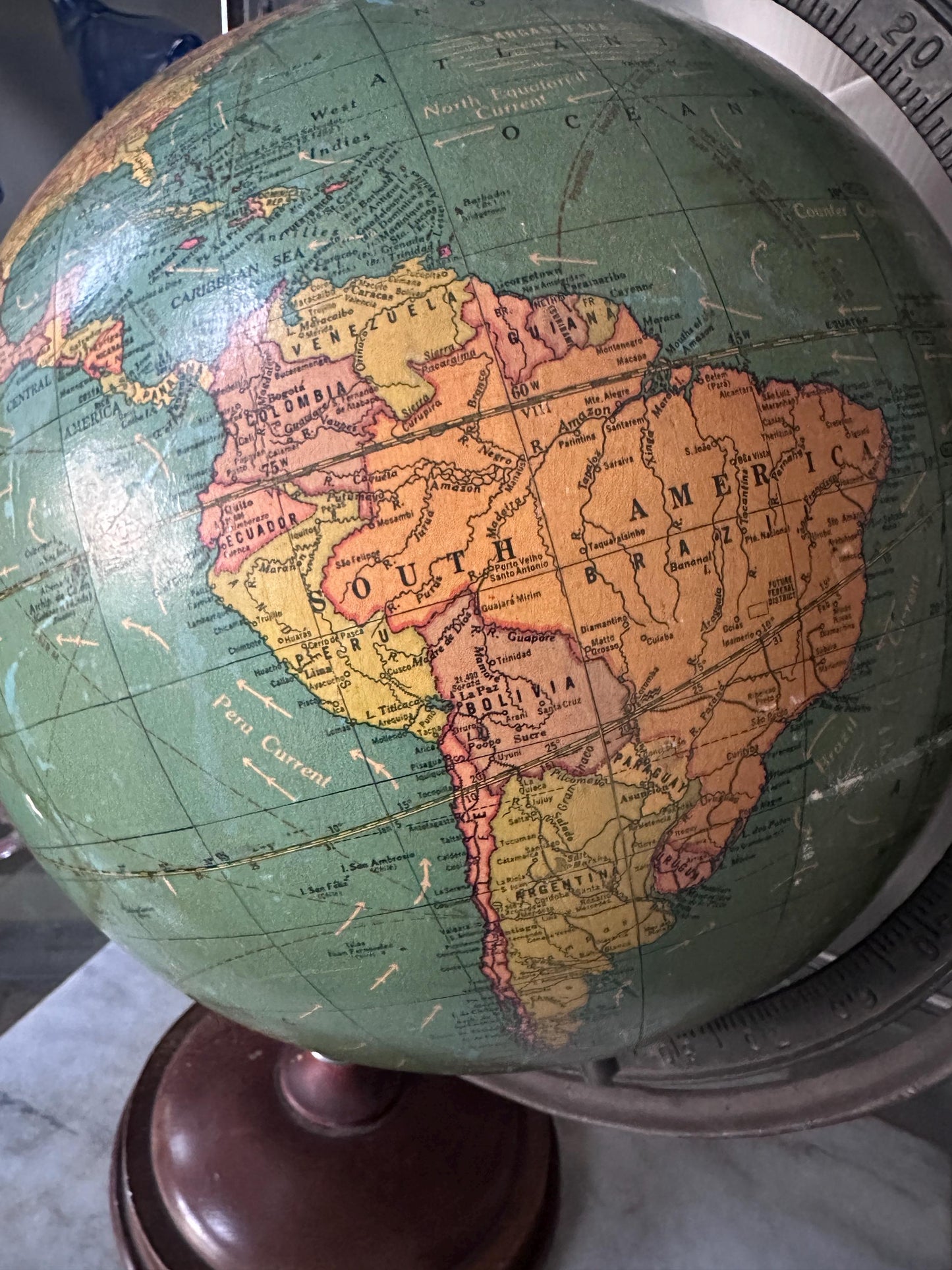 Antique George F. Cram 12-Inch Unrivaled Table Globe | c. 1930s Chicago | Vintage Terrestrial Globe with Wood Base & Cast Iron Frame