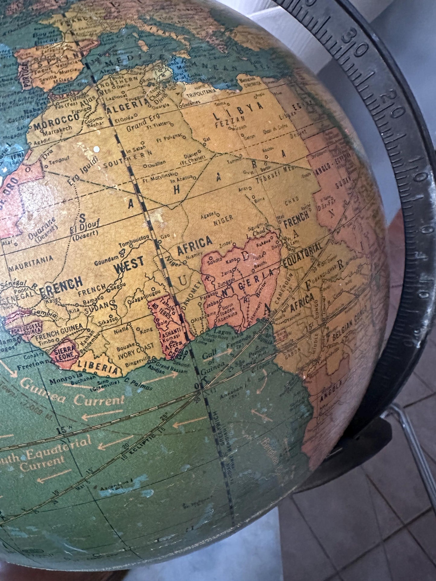 Antique George F. Cram 12-Inch Unrivaled Table Globe | c. 1930s Chicago | Vintage Terrestrial Globe with Wood Base & Cast Iron Frame