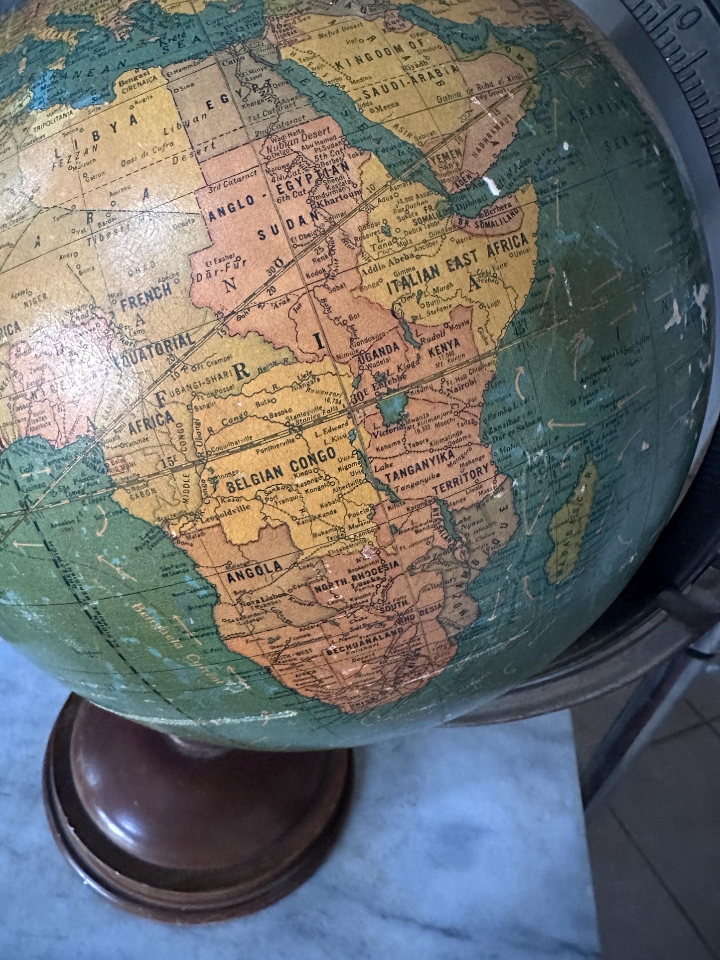 Antique George F. Cram 12-Inch Unrivaled Table Globe | c. 1930s Chicago | Vintage Terrestrial Globe with Wood Base & Cast Iron Frame